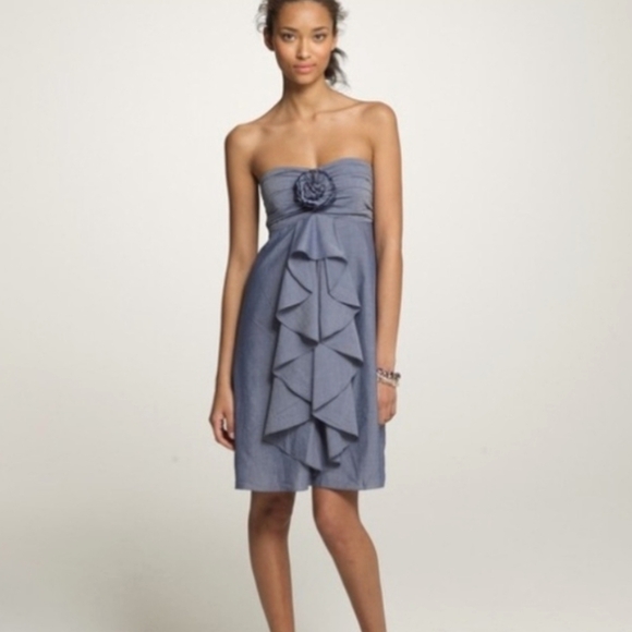J. Crew Blue Cotton Chambray Wild Rose Waterfall Ruffle Strapless Dress - Picture 1 of 13